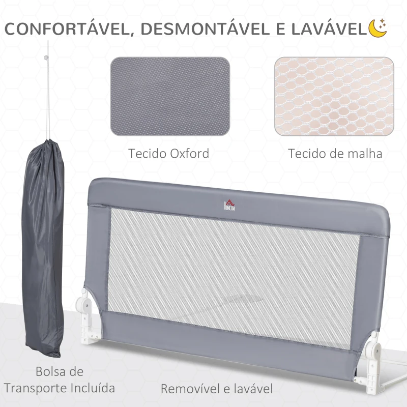 HOMCOM Barreira de Segurança de Cama para Crianças 120cm com Corda Ajustável Barreira para Camas com Tecido Removível e Lavável Proteção Antiquedas 120x28x60cm Cinza