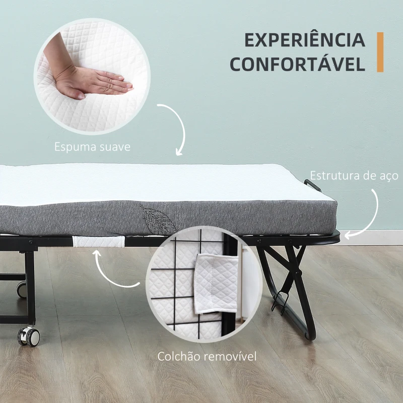 HOMCOM Cama Dobrável 200x90x42,5cm Cama de Campismo Portátil com Colchão Individual Rodas e Freios Carga Máxima 150kg para Dormitórios Branco