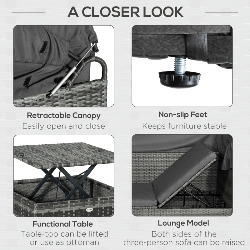 Outsunny 4 Piece Outdoor Rattan Wicker Sofa Set Adjustable Conopy & Coffee Table Sectional Patio Conversation Furniture Set w/ Cushions Grey