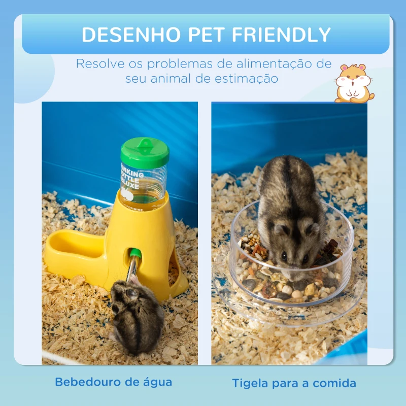 PawHut Gaiola para Hámster 79x46x60cm Gaiola para Roedores com 3 Plataformas Tubos Comedouro Bebedouro 3 Rampa Roda de Exercícios e 2 Alça Portáteis Multicor