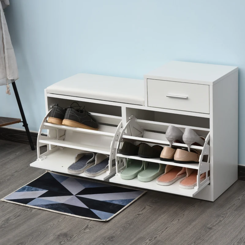 HOMCOM Dulap Pantofi Robust Design Moderno 6 Perechi de Pantofi Scaun cu Perna pentru Hol in Lemn Granulat 94,5 x 57 x 30 cm Bianco(m-8)