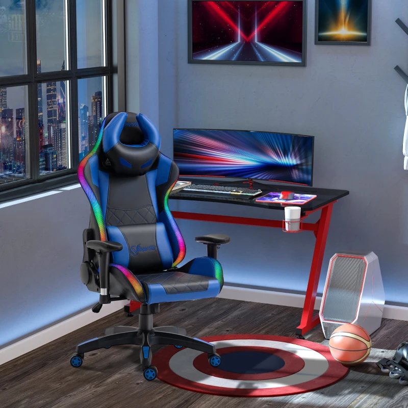 Vinsetto Racing Gaming Chair with RGB LED Light, Lumbar Support, Adjustable Height, Swivel Home Office Computer Recliner High Back Gamer Desk Chair, Black Blue