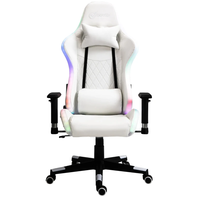 Vinsetto Gaming Chair with RGB LED Light, 2D Arm, Lumbar Support, Height Adjustable Swivel Office Computer Recliner, Racing Gamer Desk Chair for Home, White