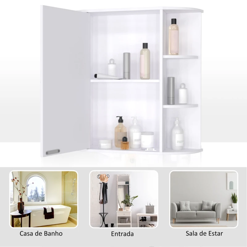 HOMCOM Armário de Casa de Banho com Espelho Móvel Suspenso de Casa de Banho com 1 Porta 2 Prateleiras Interiores e 6 Prateleiras Laterais para Sala de Estar Cozinha Dormitório 66x17x63cm Branco