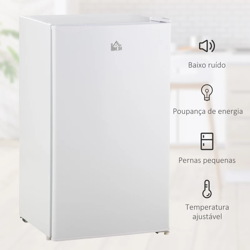 HOMCOM Mini Frigorífico 91L de Capacidade Frigorífico Elétrico Pequeno com Prateleira Ajustável Compartimento Congelador e Porta Reversível Silencioso 41dB 47,5x44,2x84cm Branco