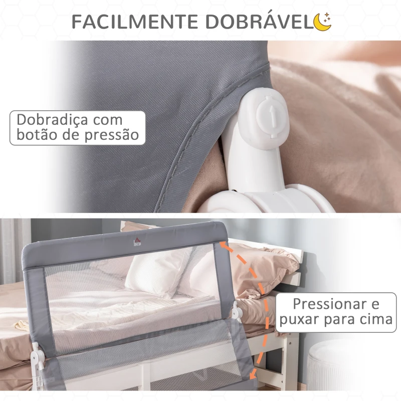HOMCOM Barreira de Segurança de Cama para Crianças 120cm com Corda Ajustável Barreira para Camas com Tecido Removível e Lavável Proteção Antiquedas 120x28x60cm Cinza