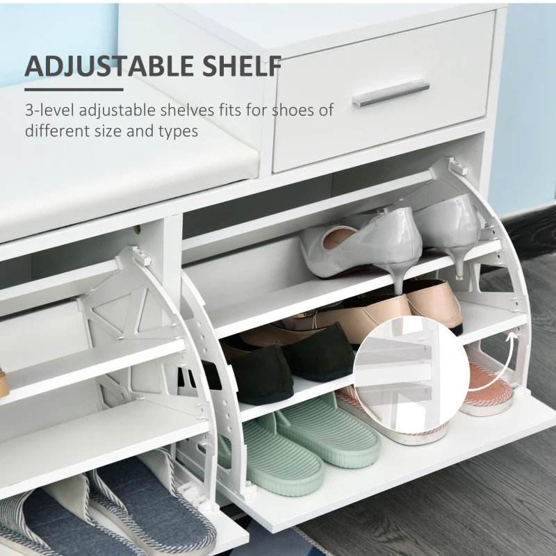 HOMCOM Dulap Pantofi Robust Design Moderno 6 Perechi de Pantofi Scaun cu Perna pentru Hol in Lemn Granulat 94,5 x 57 x 30 cm Bianco(m-6)