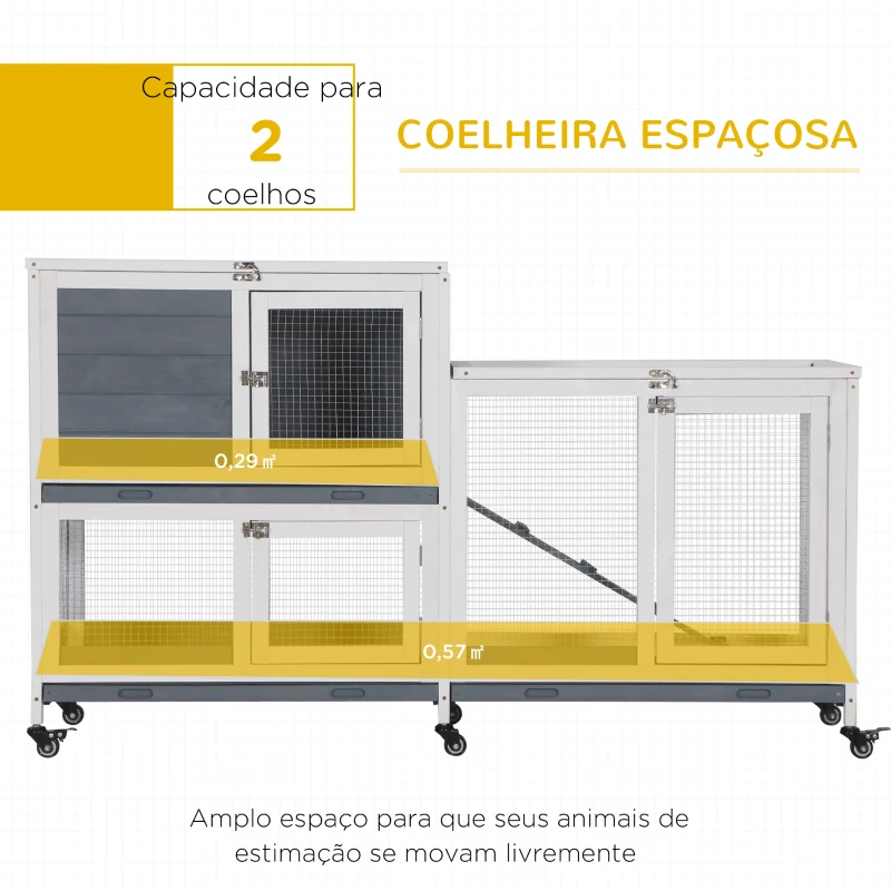 PawHut Coelheira de Madeira com Rodas 147x45,5x88,5cm Gaiola para Coelhos de 2 Níveis com Teto Abatível 2 Cercados de Metal 3 Bandejas Removíveis 3 Portas com Trava e Rampa Cinza