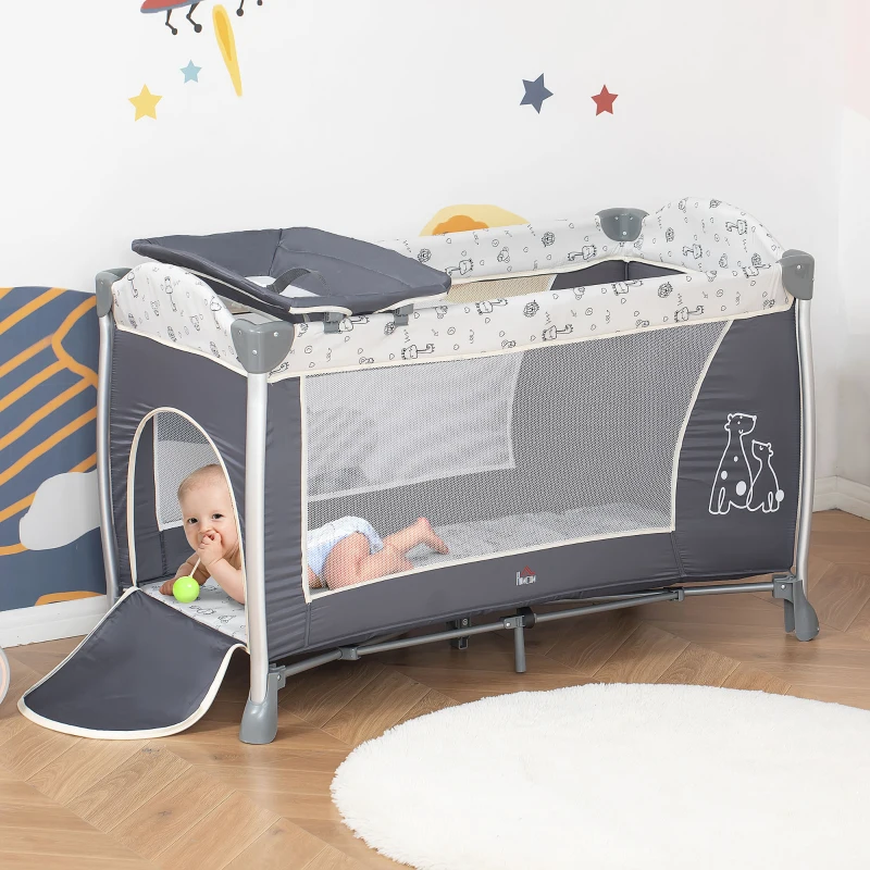 HOMCOM Berço de Viagem Dobrável para Bebés e Crianças até 15kg com 2 Rodas e Bolso Lateral Berço Portátil com Bolsa de Transporte 124x66x77,5cm Cinza