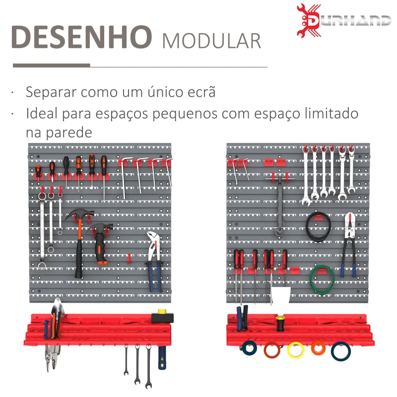 DURHAND Estante de Parede com Sistema de Armazenamento 95,5x23x53,5cm Suporte para Ferramentas com 54 Peças 50 Ganchos para Oficina Garagens Vermelho e Cinza