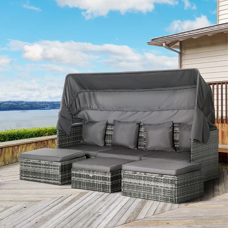 Outsunny 4 Piece Outdoor Rattan Wicker Sofa Set Adjustable Conopy & Coffee Table Sectional Patio Conversation Furniture Set w/ Cushions Grey