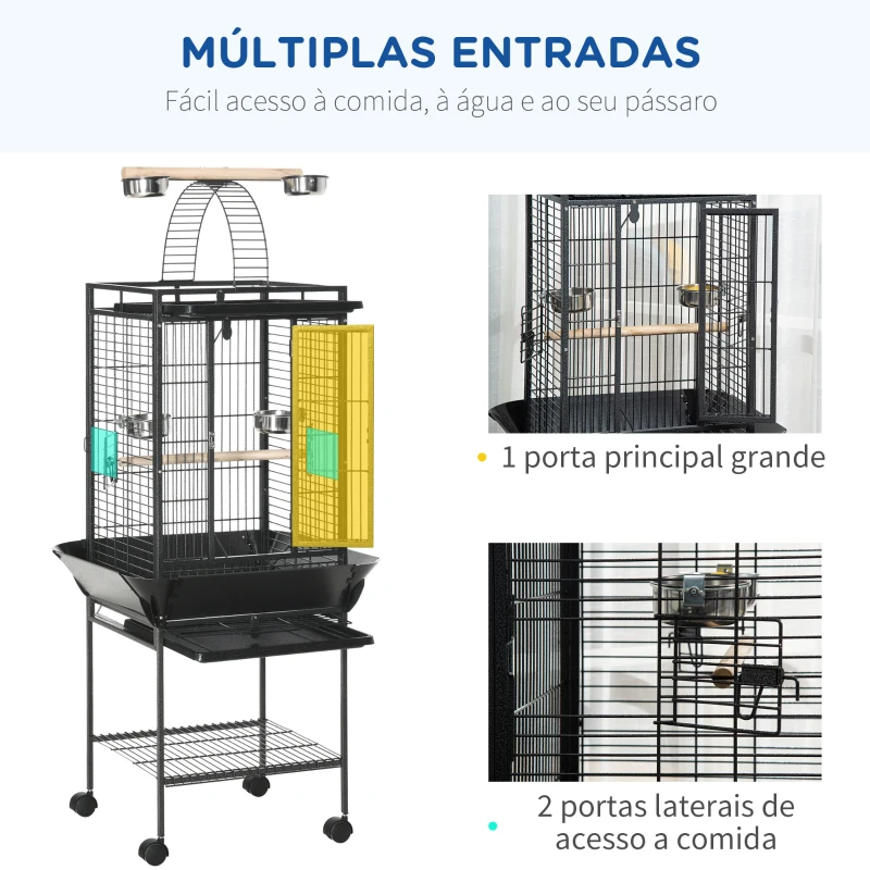 PawHut Gaiola para Pássaros com Suporte e Rodas 62,5x62,5x156cm Gaiola Metálica para Aves com Ponte de Arco 2 Poleiros 4 Comedouros 2 Bandejas Removíveis e Prateleira Inferior Cinza