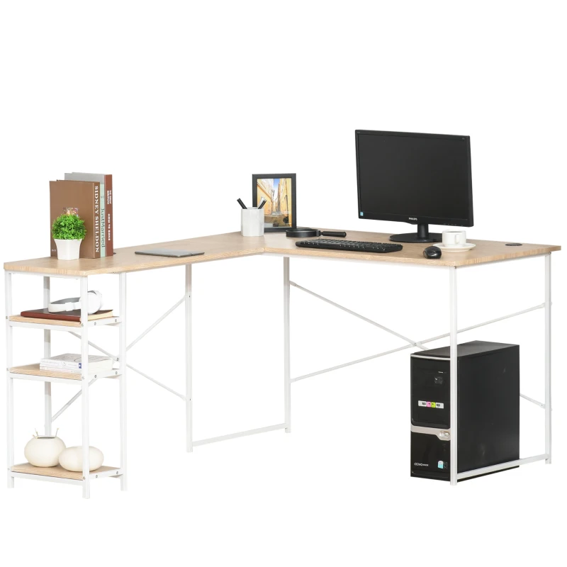 HOMCOM Scrivania Angolare con Scaffale a 3 Mensole e Fori Passacavi, Metallo e MDF 150x120x74cm, Legno e Bianco