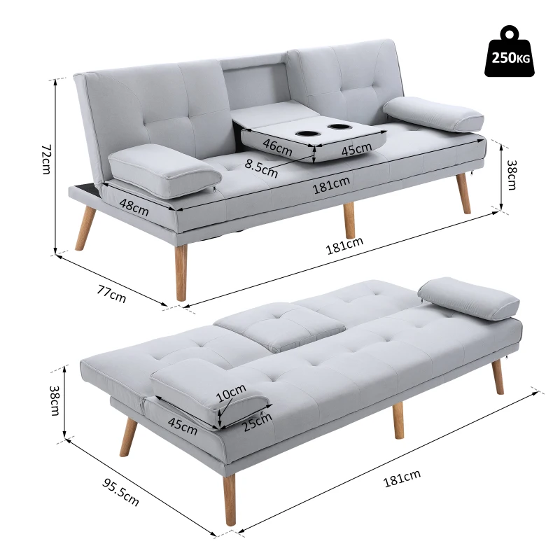 HOMCOM Divano Letto 3 Posti Stile Scandinavo Reclinabile con Tavolino a Ribalta, 181x77x88 cm, Grigio