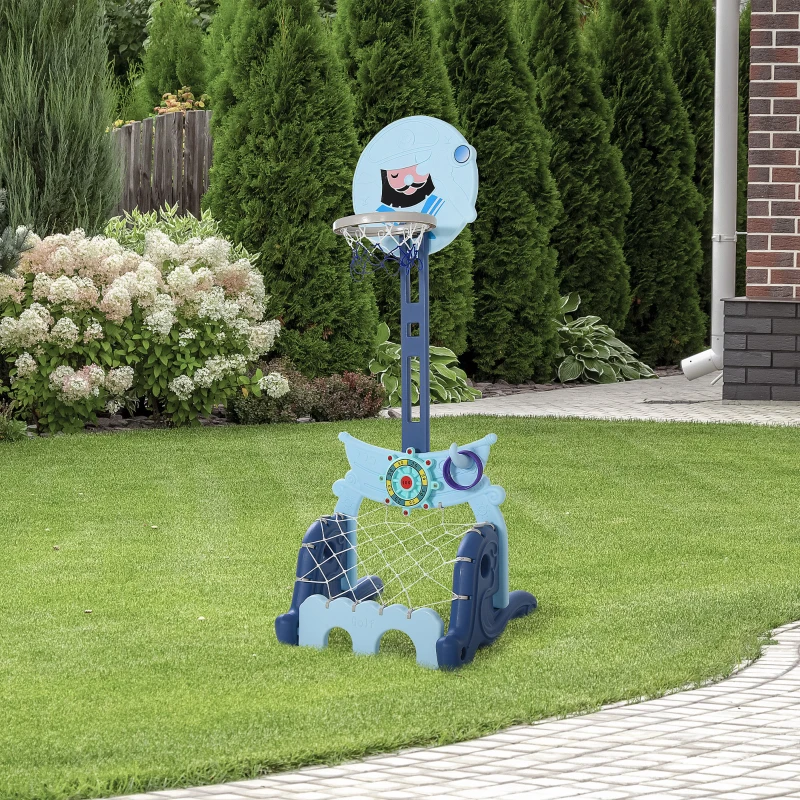 HOMCOM Tabela de Basquetebol 4 em 1 com Altura Ajustável para Crianças acima de 3 Anos Centro de Atividades 58x56x154cm Azul