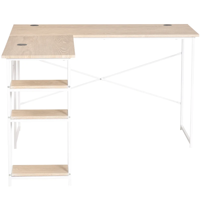 HOMCOM Scrivania Angolare con Scaffale a 3 Mensole e Fori Passacavi, Metallo e MDF 150x120x74cm, Legno e Bianco