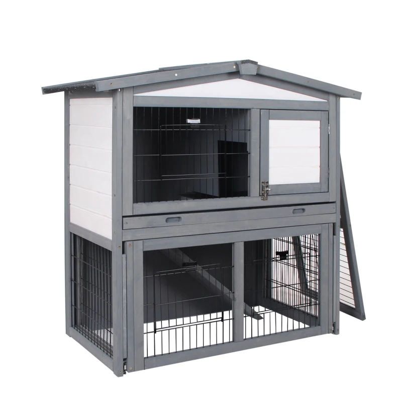 PawHut 2 Tier Wooden Rabbit Hutch Guinea Pig Hutch Small Animal Cage Slide Out Tray Ramp Outdoor Run Openable Roof Grey 101.5 x 90 x 100 cm