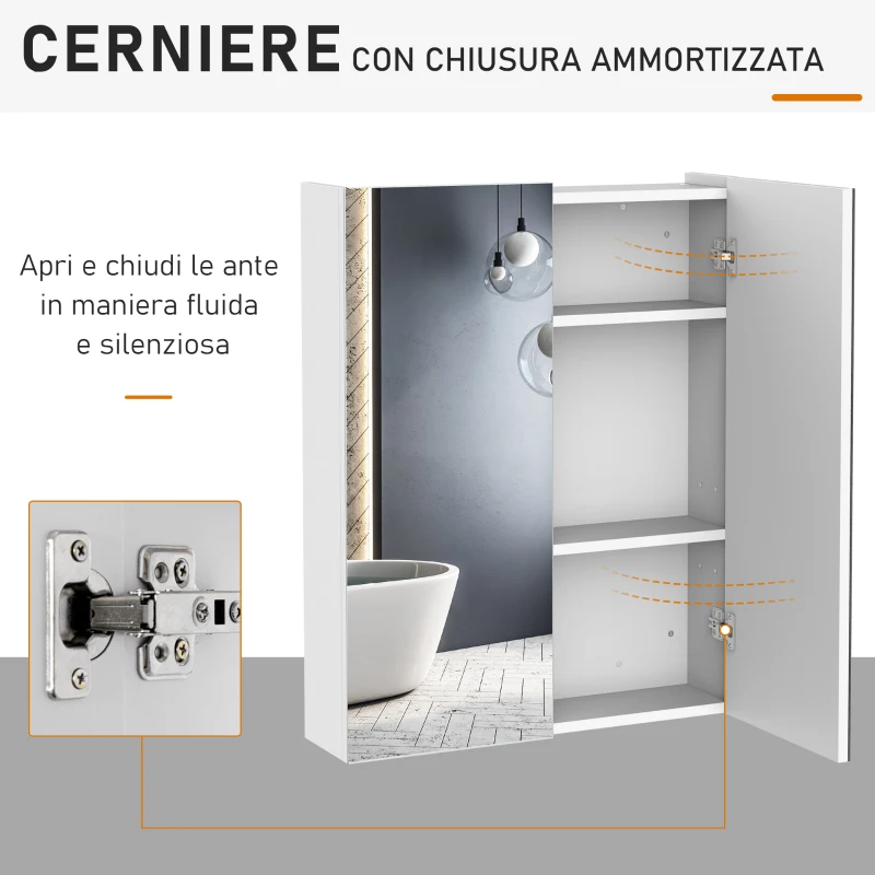 Homcom Mobiletto Pensile da Bagno con 2 Ante e Specchiera in MDF Bianco 60 x 75 x 15cm