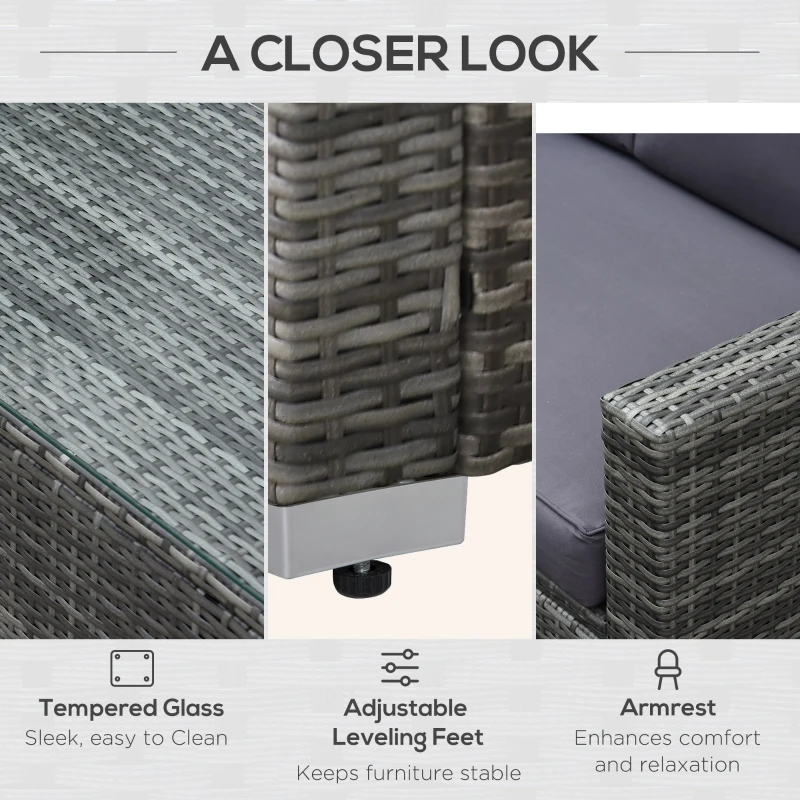 Outsunny Set de mobilier de veranda cu 4 piese, cu 2 scaune, un canapea dubla si o masa de cafea cu blat din sticla, din ratan, Gri