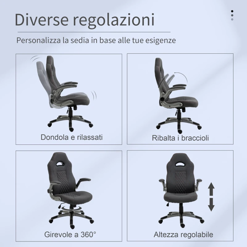 Vinsetto Sedia da Ufficio con Funzione Dondolio Ergonomica e Girevole, Sedia da Scrivania in Tessuto Grigio 70.5x70x113-121cm