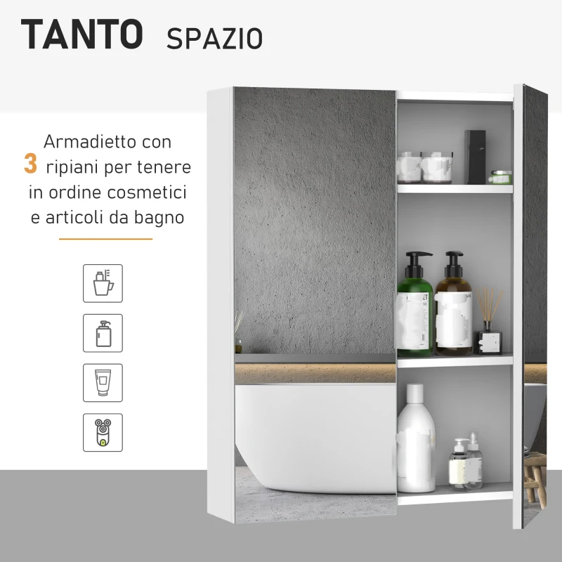 Homcom Mobiletto Pensile da Bagno con 2 Ante e Specchiera in MDF Bianco 60 x 75 x 15cm
