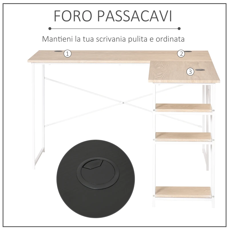 HOMCOM Scrivania Angolare con Scaffale a 3 Mensole e Fori Passacavi, Metallo e MDF 150x120x74cm, Legno e Bianco