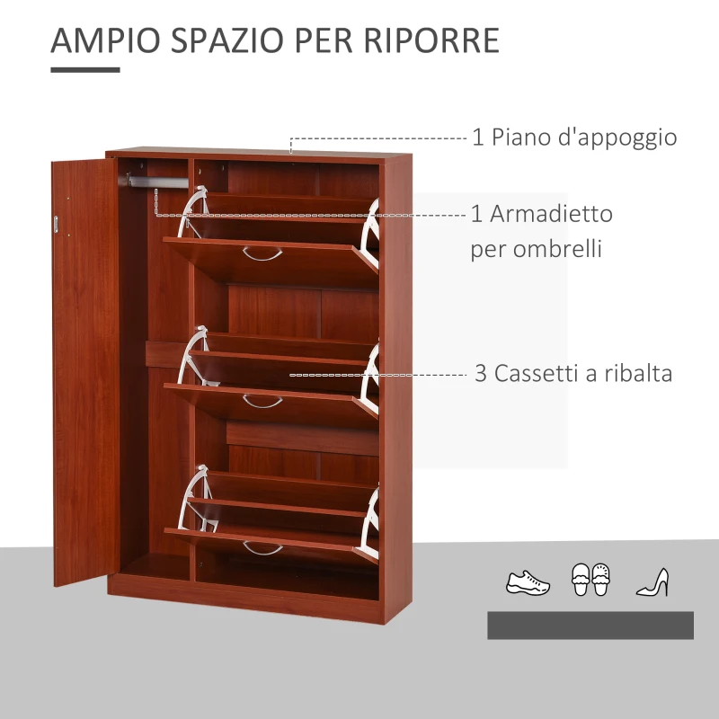 HOMCOM Scarpiera con 3 Ante a Ribalta e un'Anta Porta Ombrelli in Legno, Marrone Rosso, 80 x 24 x 120cm