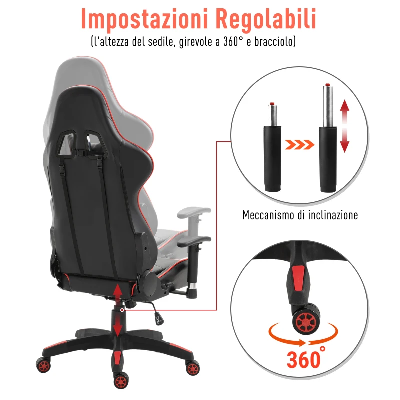 Vinsetto Sedia da Ufficio e da Gaming con Poggiatesta in Pelle PU Ergonomica Regolabile e Inclinabile Schienale Alto Ruote Piroettanti a 360° Max:135kg Rossa e Nera