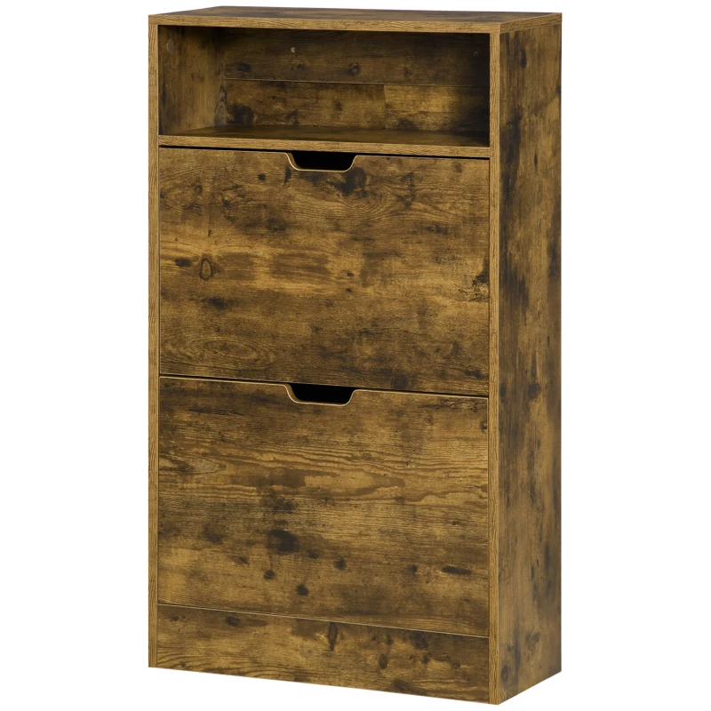 HOMCOM Shoe Cabinet with 2 Flip Doors, Slim 2-Drawer Shoe Cupboard with Adjustable Divider and Open Compartment for 12 Pairs of Shoes, Entryway Storage Unit, Rustic Brown