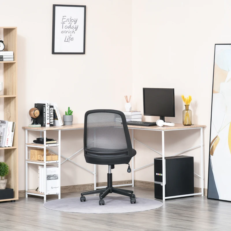 HOMCOM Scrivania Angolare con Scaffale a 3 Mensole e Fori Passacavi, Metallo e MDF 150x120x74cm, Legno e Bianco