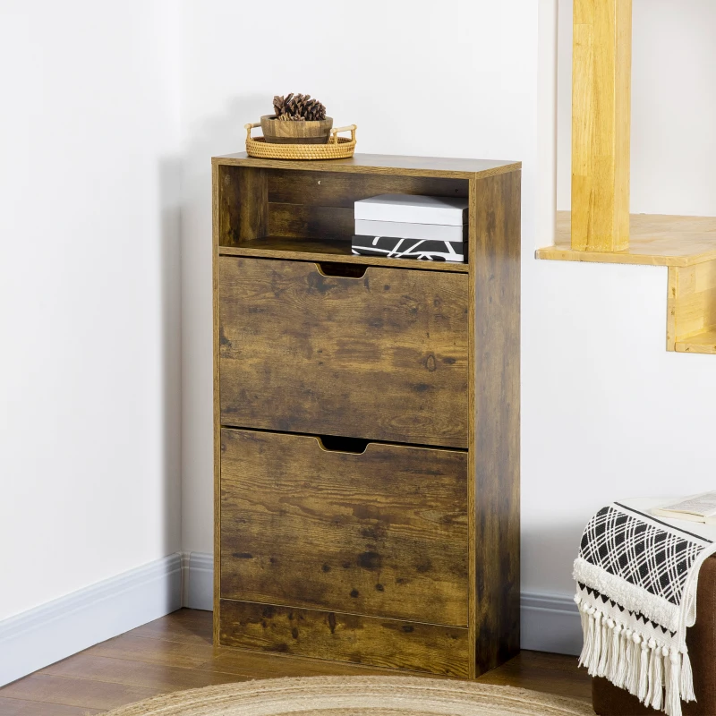 HOMCOM Shoe Cabinet with 2 Flip Doors, Slim 2-Drawer Shoe Cupboard with Adjustable Divider and Open Compartment for 12 Pairs of Shoes, Entryway Storage Unit, Rustic Brown