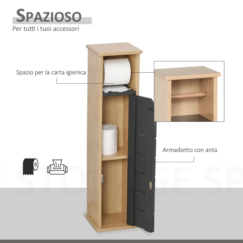 HOMCOM Armadio da Bagno Porta Carta Igienica Organizzatore Ripiano Regolabile Color Bambù Grigio 18x18x75cm