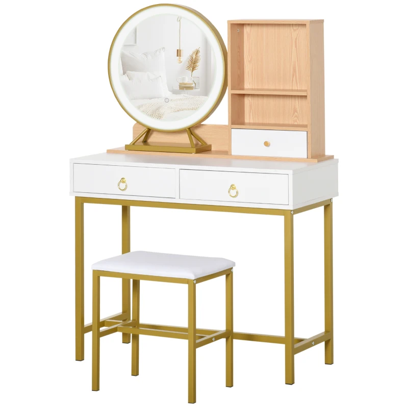 HOMCOM Tavolo per Trucco con Sgabello, Specchio con Luci LED, Scaffale e Cassetti in Legno e Metallo, Bianco e Oro