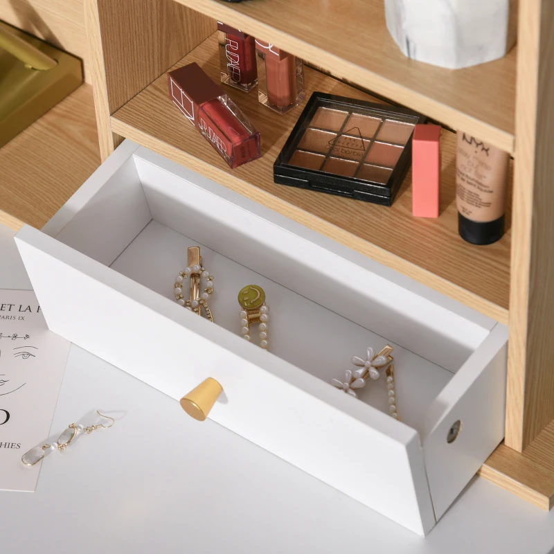 HOMCOM Tavolo per Trucco con Sgabello, Specchio con Luci LED, Scaffale e Cassetti in Legno e Metallo, Bianco e Oro