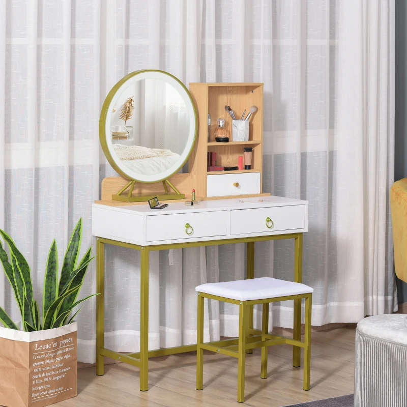 HOMCOM Tavolo per Trucco con Sgabello, Specchio con Luci LED, Scaffale e Cassetti in Legno e Metallo, Bianco e Oro