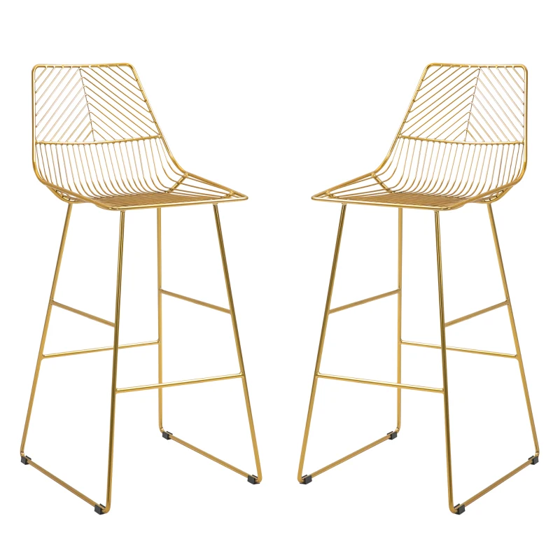HOMCOM Set di 2 Sgabelli da Bar Alti con Schienale e Poggiapiedi, Sgabelli Cucina Moderni Struttura in Metallo Oro per Salotto, 53x56x110cm