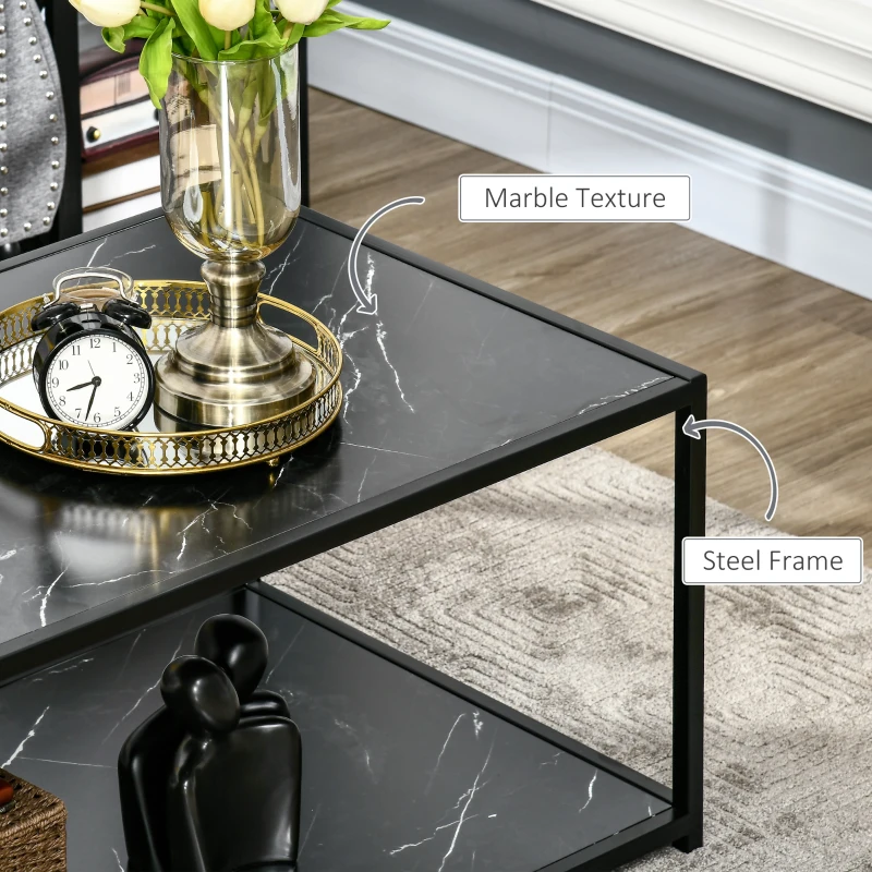 HOMCOM Faux Marble Coffee Table, with Two-Tiers - Black