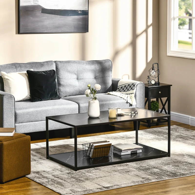 HOMCOM Faux Marble Coffee Table, with Two-Tiers - Black