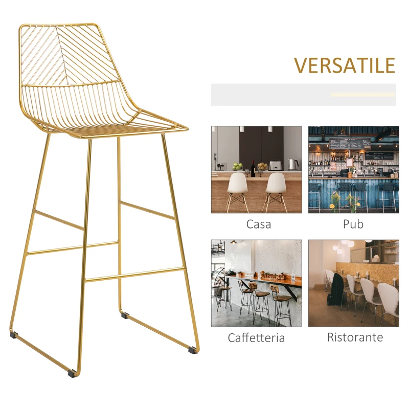 HOMCOM Set di 2 Sgabelli da Bar Alti con Schienale e Poggiapiedi, Sgabelli Cucina Moderni Struttura in Metallo Oro per Salotto, 53x56x110cm