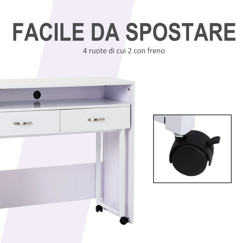 HOMCOM Scrivania Tavolo Porta PC con due Ripiani con Ruote in Legno MDF 100 x 36 x 88cm Bianco