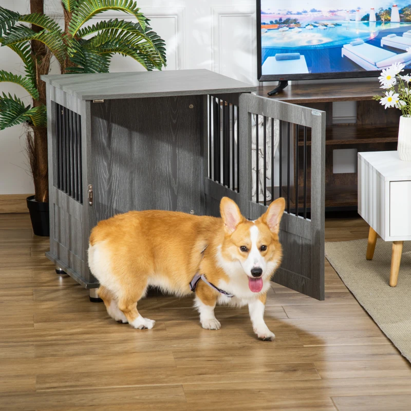 PawHut Dog Crate Table for Medium and Large Dogs with Magnetic Door for Indoor Use, 60 x 55 x 70 cm, Grey