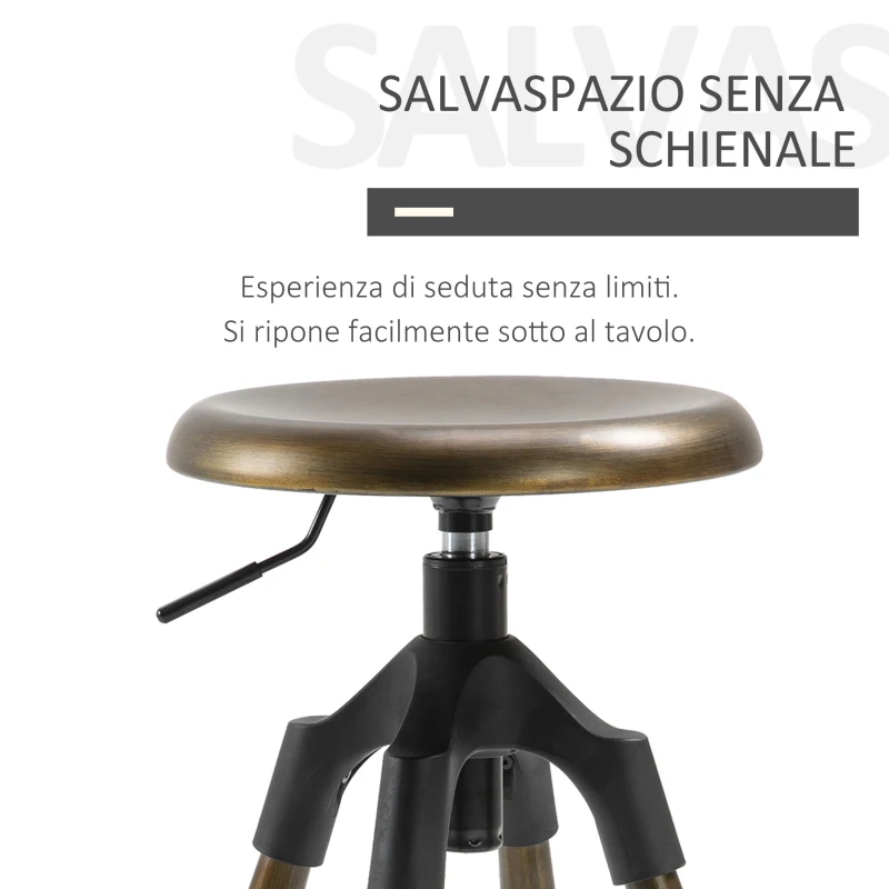 HOMCOM Sgabello da Bar Stile Industriale Alto per Cucina, Seduta Girevole con Altezza Regolabile e Poggiapiedi in Metallo, Bronzo, 45x45x74-82cm
