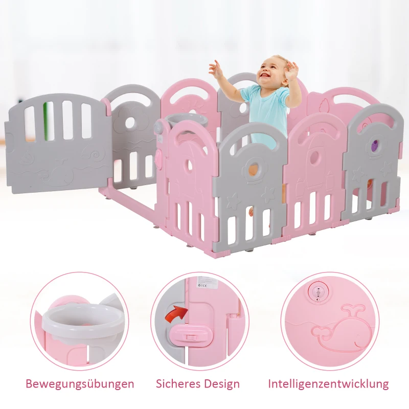 HOMCOM® Schutzgitter Laufgitter 10 Elemente Absperrgitter Korb 3 Zahnräder HDPE Rosa 162 x 84 x 63 cm