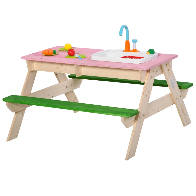 Outsunny Juego de Mesa y 2 Bancos para Niños Mesa de Picnic Infantil de Madera con Arenero o Piscina Fregadero y 14 Juguetes de Cocina para Jardín Exterior 94x89x50,5 cm Multicolor