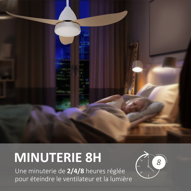HOMCOM Ventilateur plafond avec lumiere 24 W réversible, ventilateur de plafond avec 3 pales et télécommande 6 vitesses silencieux, lampe ventilateur plafond LED Ø122 cm, pour chambre, salon, blanc