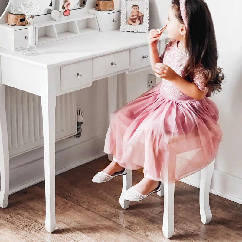 HOMCOM Dressing Table Set with Cushioned Stool, Makeup Vanity Dresser Desk with 5 Drawers for Bedroom, White