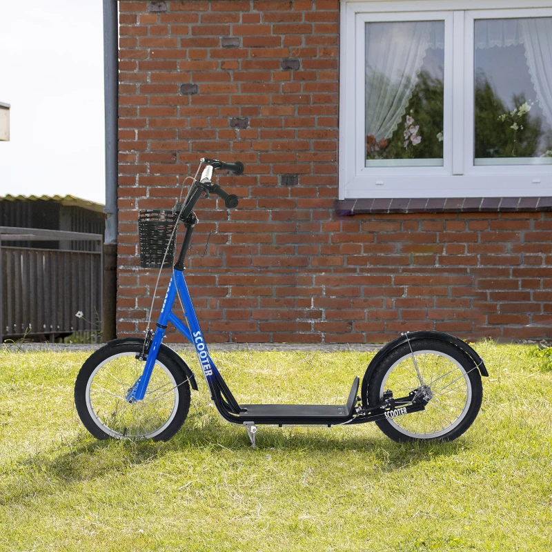 HOMCOM Kinderroller, Scooter mit Bremse, inkl. Korb, höhenverstellbar, für Kinder 5-12 J., blau+schwarz