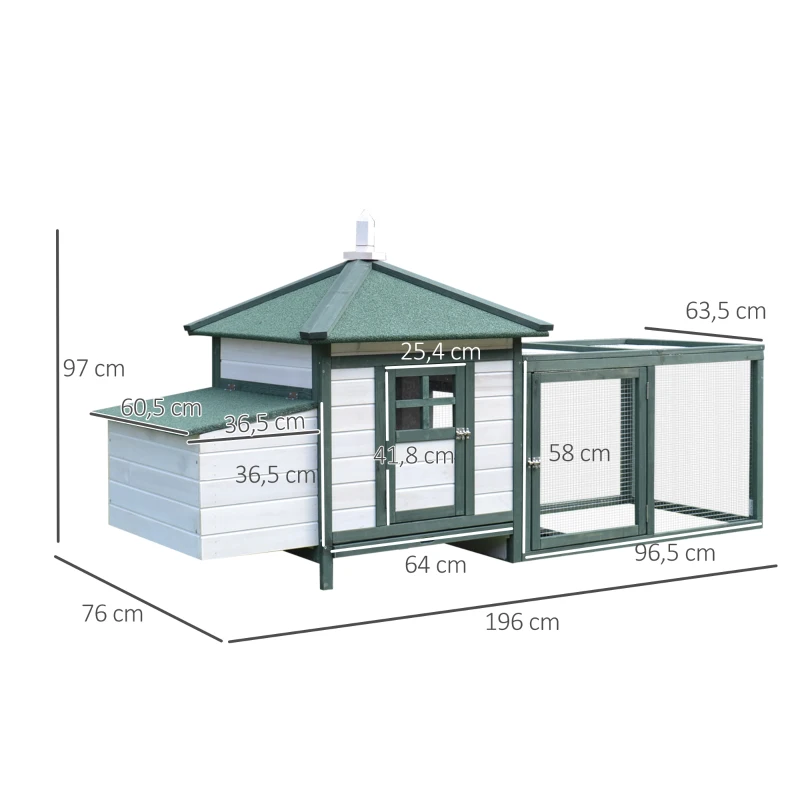 PawHut kippenhok met ren kippenhuis, kippenhok met stok legnest massief hout naturel 196 x 76 x 97 cm