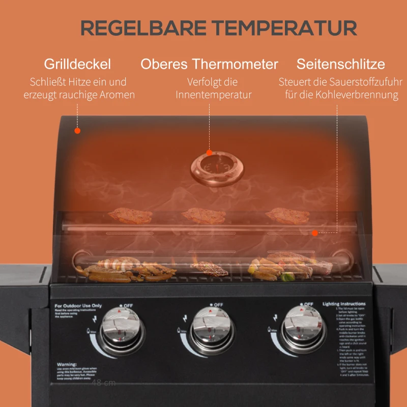 Outsunny grill gazowy BBQ z 3 palnikami po 3 kW mobilny grill na 4 kółkach kratka grillowa stoliki boczne reduktor ciśnienia węże szafka wielofunkcyjna stal kolor czarny 121 x 55 x 109 cm