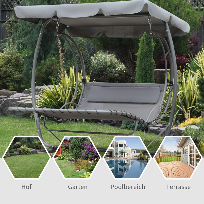 Outsunny Zwevende lounger zwevend ligbed Hollywoodschommel dubbele lounger met dak metaal grijs